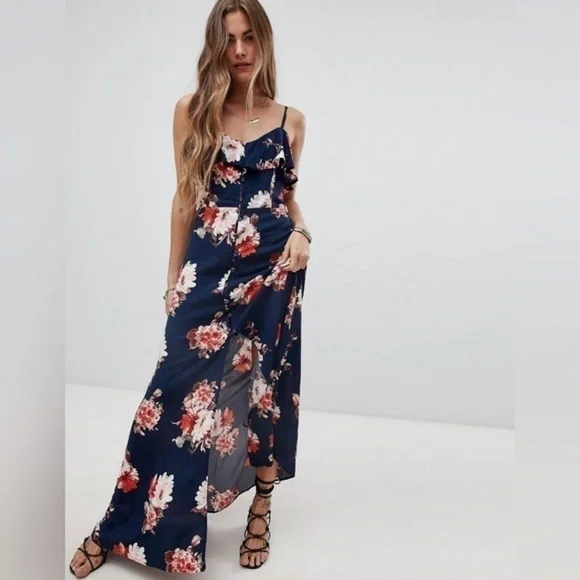 Band Of Gypsies Button Front Down Flounce Floral Maxi Dress ๐ - Picture 2 of 16